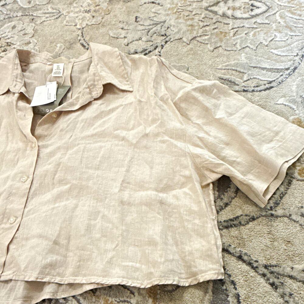 H&M Women’s Beige Linen Solid Collared Button-Front Short Sleeve Cropped L